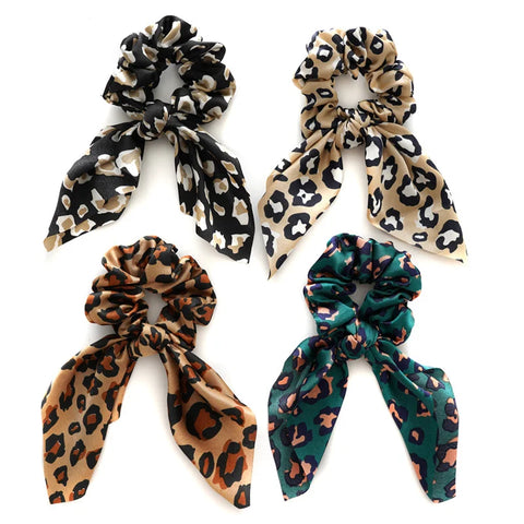Gumki do włosów scrunchie z kokardą panterka - 4 szt. - Spinkarnia