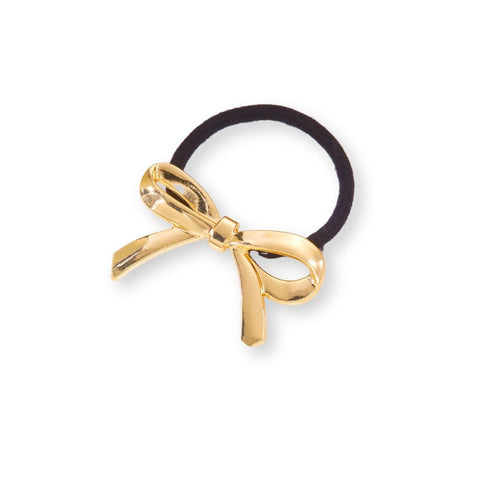 Czarna gumka do włosów scrunchie ze złotą metalową kokardą - Spinkarnia
